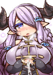 Rule 34 | 10s, 1girl, after paizuri, black gloves, breasts, cum, cum on body, cum on breasts, cum on upper body, draph, elbow gloves, female focus, fingerless gloves, gloves, granblue fantasy, hair ornament, hair over one eye, large breasts, long hair, narmaya (granblue fantasy), nyagakiya, purple eyes, purple hair, simple background, solo, underboob, white background