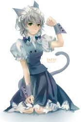 Rule 34 | 10s, 1girl, 2012, alternate eye color, animal ears, braid, dated, full body, green eyes, grey hair, izayoi sakuya, looking at viewer, maid, moedai, puffy short sleeves, puffy sleeves, seiza, short hair, short sleeves, signature, simple background, sitting, skirt, skirt set, solo, tail, touhou, twin braids, vest, white background, wrist cuffs