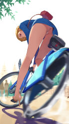 Rule 34 | 1girl, 2others, ass, bag, bare legs, bicycle, blonde hair, blue jacket, blue skirt, branch, building, day, formal, from behind, from below, hair over one eye, high heels, highres, jacket, legs, long sleeves, miniskirt, motion blur, multiple others, office lady, original, outdoors, panties, pantyshot, pink footwear, pumps, red bag, red eyes, riding, riding bicycle, sekoshi (some1else45), shadow, short hair, shoulder bag, skirt, skirt suit, some1else45, suit, underwear, upskirt, white panties