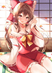Rule 34 | 1girl, absurdres, arm support, autumn leaves, bare shoulders, bottle, bow, breasts, brown hair, cleavage, collarbone, commentary, detached sleeves, hair between eyes, hair bow, hakurei reimu, heart, heart-shaped pupils, highres, holding, large breasts, long hair, long sleeves, looking at viewer, nenobi (nenorium), off shoulder, outdoors, red bow, red eyes, red shirt, sake bottle, shirt, sidelocks, sitting, skirt, smile, solo, symbol-only commentary, symbol-shaped pupils, tokkuri, touhou, wide sleeves, yellow bow
