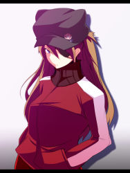Rule 34 | 10s, 1girl, animal hat, bad id, bad pixiv id, blue eyes, brown hair, cat hat, evangelion: 3.0 you can (not) redo, eyepatch, hands in pockets, hat, highres, jacket, kichihachi, letterboxed, long hair, neon genesis evangelion, plugsuit, rebuild of evangelion, solo, souryuu asuka langley, track jacket