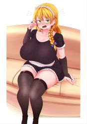 Rule 34 | 1girl, blonde hair, blush, braid, breasts, cookie (touhou), glasses, green eyes, highres, huge breasts, kirisame marisa, long hair, looking at viewer, maid headdress, mars (cookie), oozon (ozon), open mouth, plump, sitting, solo, tagme, thick thighs, thighhighs, thighs, touhou