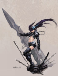 Rule 34 | 10s, 1girl, armor, belt, black hair, black rock shooter, blue eyes, boots, chain, female focus, gauntlets, glowing, glowing eyes, greaves, highres, huge weapon, insane black rock shooter, kote (tures), long hair, looking at viewer, midriff, navel, scar, shorts, smile, solo, twintails, very long hair, weapon