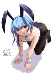 Rule 34 | all fours, asymmetrical hair, blue eyes, blue hair, dated, detached collar, highres, kantai collection, leotard, looking at viewer, minazuki (kancolle), owa (ishtail), playboy bunny, short hair, simple background, wrist cuffs