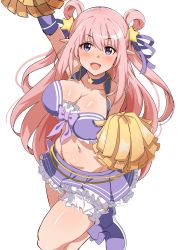 Rule 34 | 1girl, absurdres, arm up, bare shoulders, bikini, blush, breasts, cheerleader, choker, cleavage, collarbone, hair between eyes, hair ornament, hair ribbon, hair rings, hatsune (princess connect!), hatsune (summer) (princess connect!), highres, holding, holding pom poms, large breasts, long hair, looking at viewer, navel, open mouth, pink hair, pointy ears, pom pom (cheerleading), pom poms, princess connect!, purple bikini, purple eyes, purple footwear, purple ribbon, purple skirt, ribbon, seihekiog, shiny skin, simple background, skindentation, skirt, smile, solo, standing, standing on one leg, star (symbol), star hair ornament, sweat, swimsuit, thighs, white background