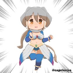 Rule 34 | 10s, 1girl, :d, animal ears, artist name, bad id, bad pixiv id, bangle, bikini, bikini top only, blue thighhighs, blush, bracelet, breasts, brown eyes, capriccyo, chibi, cleavage, clenched hand, elephant ears, elephant tail, emphasis lines, full body, grey hair, hair between eyes, indian elephant (kemono friends), japan world cup, jewelry, kemono friends, leg up, long sleeves, looking at viewer, medium breasts, multicolored clothes, multicolored hair, multicolored skirt, navel, open mouth, running, scarf, skirt, smile, solo, swimsuit, thighhighs, twitter username, two-tone hair, white background, white hair