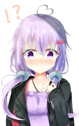 Rule 34 | !?, 1girl, :o, ahoge, aties20, black jacket, blush, collarbone, commentary request, dress, hair ornament, hairclip, halterneck, heart, heart ahoge, jacket, long hair, long sleeves, looking at viewer, nose blush, open clothes, open jacket, parted lips, purple dress, purple eyes, purple hair, sidelocks, simple background, sleeves past wrists, solo, upper body, vocaloid, voiceroid, white background, yuzuki yukari