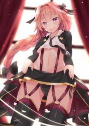 Rule 34 | 1boy, alternate costume, astolfo (fate), backlighting, black panties, black thighhighs, blush, bow, braid, closed mouth, clothes lift, collarbone, cowboy shot, curtains, dutch angle, fate/apocrypha, fate (series), from below, garter straps, hair between eyes, hair bow, heart, heart-shaped pupils, highres, indoors, long hair, long sleeves, looking down, male focus, multicolored hair, nahaki, navel, necktie, panties, pantyshot, pink hair, purple eyes, red bow, single braid, skirt, skirt lift, smile, solo, standing, streaked hair, suspenders, symbol-shaped pupils, thighhighs, thighs, trap, underwear, very long hair, window