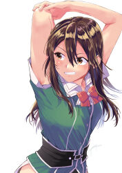 Rule 34 | 1girl, absurdres, alternate hairstyle, arms up, breasts, brown hair, collared shirt, dress, elbow gloves, gloves, hair between eyes, highres, jacket, kantai collection, long hair, neckerchief, pelvic curtain, red neckerchief, shirt, short dress, side slit, simple background, single elbow glove, small breasts, solo, tone (kancolle), tone kai ni (kancolle), white background, yami (m31)