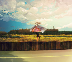 Rule 34 | 1girl, black pantyhose, blue eyes, boots, brown hair, building, cape, cloud, dress, feathers, felt, fence, field, flower, grass, head wreath, highres, landscape, long hair, long legs, nature, original, pantyhose, red dress, road, scenery, sky, solo, standing, standing on one leg, wind, wooden fence