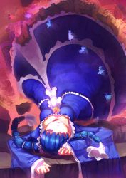 Rule 34 | 10s, 1girl, bad id, bad pixiv id, blue hair, fs-project, gears, highres, long hair, lying, mahou shoujo madoka magica, mahou shoujo madoka magica (anime), on back, personification, purple eyes, silhouette, twintails, upside-down, walpurgisnacht&#039;s familiars, walpurgisnacht (madoka magica), wide sleeves