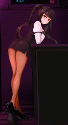 Rule 34 | 1girl, absurdres, ass, back, black hair, black panties, blush, commentary request, high heels, highres, jill stingray, light smile, long hair, looking at viewer, panties, panties under pantyhose, pantyhose, pantyshot, pencil skirt, puffy sleeves, red eyes, saruton, sidelocks, skirt, solo, standing, twintails, underwear, va-11 hall-a