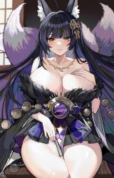 Rule 34 | 1girl, absurdres, ahoge, animal ear fluff, animal ears, azur lane, bare shoulders, beads, black hair, black skirt, blunt bangs, blush, breasts, cleavage, collarbone, facial mark, folding fan, fox ears, fur trim, grin, hair ornament, hand fan, hand on own chest, highres, holding, holding fan, japanese clothes, jewelry, jintianhuahualema, kimono, kitsune, large breasts, long hair, looking at viewer, magatama, magatama necklace, multiple tails, musashi (azur lane), nail polish, necklace, off shoulder, parted lips, pleated skirt, purple nails, revision, short kimono, sitting, skirt, skirt under kimono, smile, solo, tail, teeth, thighs, yellow eyes