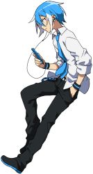 Rule 34 | 1boy, belt, blue hair, blue nails, cellphone, earphones, expressionless, full body, hand in pocket, highres, looking at viewer, male focus, matsuda toki, matsudappoiyo, nail polish, necktie, official art, pants, phone, short hair, smartphone, solo, transparent background, utau, wristband