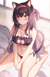 Rule 34 | 1girl, absurdres, animal ear fluff, animal ears, bare arms, bare legs, bare shoulders, barefoot, bed sheet, between legs, black bra, black panties, black ribbon, blush, bra, braid, breasts, cat cutout, cat ear panties, cat ears, cat girl, cat lingerie, cat tail, cleavage, cleavage cutout, closed mouth, clothing cutout, feet, frilled bra, frills, hairband, hamidashi creative, hand between legs, highres, indoors, kamakura shio, large breasts, long hair, meme attire, milk box (leoleo963852741), navel, on bed, one side up, panties, pink eyes, purple hair, red hairband, ribbon, side-tie panties, sitting, soles, solo, sweat, tail, toes, underwear, underwear only, v-shaped eyebrows, very long hair, wariza, window