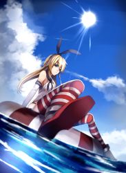 Rule 34 | 10s, 1girl, :&lt;, afloat, blue eyes, cloud, day, elbow gloves, floating, gloves, highres, innertube, kantai collection, long hair, personification, school uniform, serafuku, shimakaze (kancolle), sky, solo, striped clothes, striped thighhighs, sun, swim ring, thighhighs, u u zan, white gloves