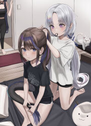 Rule 34 | 3girls, absurdres, airi kanna, animal, ayatsuno yuni, barefoot, bed, black pants, black shirt, black shorts, black tank top, blue hair, blush, brown hair, character request, cross-shaped pupils, dark blue hair, dolphin shorts, door, dragon print, dragon tail, grey hair, hair tie, hair tie in mouth, highres, indian style, indoors, jundu, kneeling, long hair, low twintails, mouth hold, multicolored hair, multiple girls, on bed, pants, parted bangs, pillow, ponytail, purple hair, shirt, short shorts, shorts, sitting, stellive, streaked hair, symbol-shaped pupils, t-shirt, tail, tank top, twintails, tying hair, very long hair, virtual youtuber, white shirt, wooden floor, yoga pants