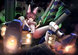 Rule 34 | 1girl, :d, absurdres, artery gear, black hair, blurry, breasts, depth of field, finger on trigger, flying, from below, glowing, headgear, highres, large breasts, leotard, long hair, looking at viewer, mecha, mecha musume, mel cyclop, open mouth, red eyes, robot, smile, solo, spread legs, thighhighs, white thighhighs, zheyi parker