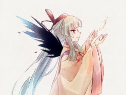 Rule 34 | 1girl, akinomiya asuka, black hat, black wings, commentary request, feathers, green hair, hat, japanese clothes, kariginu, kimono, long hair, long sleeves, mystical power plant, original, parted lips, ponytail, purple kimono, red eyes, red ribbon, ribbon, solo, suitokuin tenmu, tate eboshi, touhou, upper body, white background, wide sleeves, wings