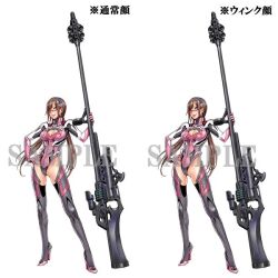 Rule 34 | 1girl, adapted costume, blue eyes, brown hair, cleavage cutout, clothing cutout, expressions, glasses, gloves, hand on own hip, holding, holding weapon, long hair, makinami mari illustrious, mitsumasa, neon genesis evangelion, one eye closed, plugsuit, promotional art, sample watermark, smile, source request, tongue, tongue out, watermark, weapon, yamashita shun&#039;ya