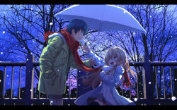 Rule 34 | 1boy, 1girl, :d, aisaka taiga, baozi, bare tree, breath, couple, eating, fence, food, height difference, hetero, highres, holding, holding umbrella, letterboxed, open mouth, scarf, shared clothes, shared scarf, skyline, smile, snow, takasu ryuuji, thighhighs, toradora!, tree, tsukumo (soar99), umbrella, winter clothes, zettai ryouiki