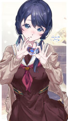 Rule 34 | 1girl, absurdres, blue eyes, blue hair, blurry, blurry background, blush, border, brown cardigan, brown dress, cardigan, commentary request, cowboy shot, dress, fingernails, hair over shoulder, hands up, hasu no sora school uniform, heart, heart hands, heart in heart hands, highres, indoors, kuziaaizuk, link! like! love live!, long fingernails, long hair, long sleeves, looking at viewer, love live!, low twintails, mole, mole on neck, murano sayaka, nail art, neckerchief, nose blush, open cardigan, open clothes, outside border, parted lips, phonograph, pocket, red neckerchief, sailor collar, school uniform, serafuku, solo, sparkle, standing, twintails, white border, white sailor collar