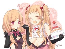 Rule 34 | 2girls, ^ ^, artist name, bad id, bad twitter id, black gloves, blonde hair, blush, breasts, cake, capelet, closed eyes, elbow gloves, closed eyes, feeding, food, gloves, hair ribbon, heart, long hair, multiple girls, nunucco, open mouth, original, ribbon, signature, small breasts, sweatdrop, twintails, underboob, upper body