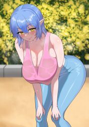 Rule 34 | 1girl, bent over, blue hair, blue pants, blush, breasts, bush, cleavage, commentary, elf, eyelashes, hair between eyes, hands on own thighs, hanging breasts, large breasts, looking at viewer, mature female, original, outdoors, p-tree, pants, pink tank top, plant, pointy ears, shiny skin, sidelocks, smile, steam, steaming body, sweat, sweaty clothes, tank top, wet, yellow eyes