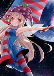 Rule 34 | 1girl, absurdres, adapted costume, american flag, american flag dress, american flag legwear, armpits, bare arms, bare shoulders, blonde hair, blue dress, blue pantyhose, blush, breasts, clownpiece, commentary request, dress, earth (planet), fairy wings, fang, feet out of frame, flag, grin, hair between eyes, hat, highres, holding, holding torch, indica, jester cap, long hair, looking at viewer, neck ruff, pantyhose, planet, polka dot, polka dot headwear, purple eyes, purple hat, red dress, red pantyhose, short dress, sleeveless, sleeveless dress, small breasts, smile, solo, space, star (sky), star (symbol), star print, striped clothes, striped dress, striped pantyhose, thighs, torch, touhou, very long hair, white dress, white pantyhose, wings