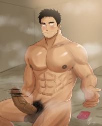 Rule 34 | 1boy, abs, absurdres, bar censor, bara, beckoning, black hair, blush, breath, censored, come hither, completely nude, condom, condom wrapper, erection, facial hair, feet out of frame, goatee, highres, large pectorals, large penis, looking at viewer, male focus, male pubic hair, mature male, muscular, muscular male, navel, nipples, nude, outstretched hand, pectorals, penis, poysan, pubic hair, reaching, reaching towards viewer, senpai ga uzai kouhai no hanashi, short hair, sitting, solo, steam, stomach, stubble, takeda harumi (shiromanta), thick eyebrows, thick thighs, thighs, veins, veiny penis