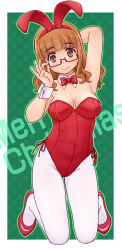 Rule 34 | 1girl, animal ears, armpits, blush, bow, bowtie, breasts, brown hair, cleavage, closed mouth, covered navel, fake animal ears, girls und panzer, glasses, highres, large breasts, leotard, long hair, looking at viewer, pantyhose, playboy bunny, rabbit ears, red bow, red bowtie, red leotard, smile, solo, takebe saori, uona telepin, white pantyhose
