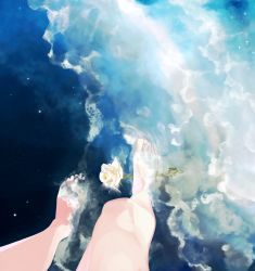 Rule 34 | 1girl, air bubble, aspara, bare legs, barefoot, blue sky, blue theme, bubble, cloud, female pov, flower, highres, legs apart, night, night sky, ocean, original, out of frame, pov, rose, sky, soaking feet, solo, standing, star (sky), thorns, wading, water surface, waves, white flower, white rose