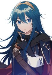 Rule 34 | 1girl, armor, belt, black cape, black gloves, black sweater, blue eyes, blue hair, breastplate, cape, closed mouth, commentary request, fingerless gloves, fire emblem, fire emblem awakening, gloves, hair between eyes, hand on own chest, long hair, long sleeves, looking at viewer, lucina (fire emblem), multicolored cape, multicolored clothes, nintendo, red cape, ribbed sweater, ryon (ryonhei), shoulder armor, simple background, solo, sweater, symbol-shaped pupils, tiara, turtleneck, turtleneck sweater, white background