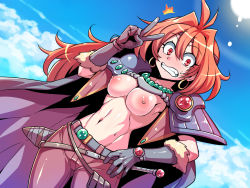 Rule 34 | 1girl, antenna hair, blush, breasts, cape, clenched teeth, cloud, cowboy shot, day, earrings, embarrassed, gloves, groin, hand up, highres, hoop earrings, jewelry, legs, lina inverse, long hair, looking at viewer, medium breasts, navel, necklace, nipples, no bra, orange hair, outdoors, pearl necklace, red eyes, sash, shoulder pads, sky, slayers, solo, standing, teeth, thighs, toned, tukiwani, v