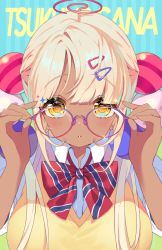 Rule 34 | 1girl, blonde hair, blunt bangs, breasts, character name, collared shirt, dark-skinned female, dark skin, glasses, hair ornament, hairclip, highres, hololive, hololive english, large breasts, limiter (tsukumo sana), long hair, looking at viewer, official alternate costume, parted lips, planet hair ornament, ribbon, round eyewear, school uniform, shirt, short sleeves, sidelocks, solo, sparkle, striped, striped background, sweater, sweater vest, tsukumo sana, twintails, very long hair, virtual youtuber, white shirt, yellow eyes, yellow sweater, yotte