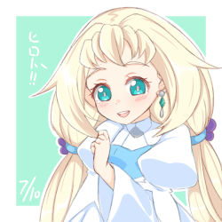 Rule 34 | 1girl, aqua background, aqua eyes, blush, border, breasts, bright pupils, clenched hand, dress, earrings, eve (gundam build divers re:rise), gundam, gundam build divers, gundam build divers re:rise, jewelry, juliet sleeves, konoto, long hair, long sleeves, low twintails, open mouth, outside border, puffy sleeves, small breasts, smile, solo, tearing up, translated, twintails, upper body, white border, white dress, white pupils