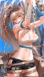 Rule 34 | 1girl, alchemy stars, armband, bandages, belt, blonde hair, blue background, breasts, brown eyes, character request, cleavage, contrapposto, goggles, highres, hip vent, large breasts, long hair, midriff, see-through, see-through shirt, shorts, side ponytail, simple background, skindentation, smile, solo, water, wet, zonotaida