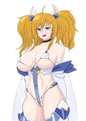 Rule 34 | 1girl, artist request, bare shoulders, blonde hair, blue eyes, breasts, cameltoe, cleavage, cleft of venus, covered navel, curvy, gloves, highleg, highleg leotard, highres, large breasts, leotard, long hair, nipples, onizaki kirara, open mouth, partially visible vulva, shiny skin, simple background, solo, standing, taimanin (series), taimanin rpgx, thong leotard, twintails