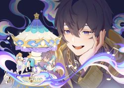 Rule 34 | 1boy, achichi ovo, black hair, carousel, chain, chain necklace, chibi, earrings, highres, horseback riding, indie virtual youtuber, jewelry, long sleeves, looking at another, male focus, music box, necklace, open mouth, purple eyes, riding, short hair, shoto (vtuber), smile, virtual youtuber