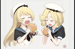 Rule 34 | 2girls, blonde hair, blue sailor collar, burger, closed eyes, dress, eating, faker ktd, food, hat, janus (kancolle), jervis (kancolle), kantai collection, multiple girls, open mouth, parted bangs, sailor collar, sailor dress, sailor hat, short hair, short sleeves, teeth, upper body, white dress, white headwear