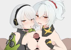 2boys 2girls anby_demara bar_censor black_gloves blush breasts brown_eyes censored cleavage fingerless_gloves fingernails gloves hair_between_eyes headphones highres long_hair looking_at_viewer medium_breasts multiple_boys multiple_girls nipples open_mouth paizuri penis ponytail quinua short_hair sidelocks soldier_11_(zenless_zone_zero) sweatdrop upper_body variant_set white_hair zenless_zone_zero