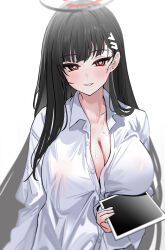 Rule 34 | 1girl, absurdres, black hair, blue archive, blush, breasts, cleavage, collared shirt, grin, hair ornament, hairclip, halo, highres, large breasts, long hair, long sleeves, looking at viewer, red eyes, rio (blue archive), shirt, smile, solo, white shirt, yuki (asayuki101)