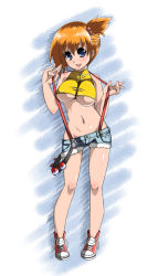 Rule 34 | 1girl, bare shoulders, blue eyes, blush, breasts, contrapposto, creatures (company), denim, denim shorts, full body, game freak, groin, large breasts, legs, looking at viewer, misty (pokemon), navel, nintendo, no socks, orange hair, poke ball, pokemon, pokemon: the electric tale of pikachu, satsuki imonet, shoes, short hair, shorts, side ponytail, smile, sneakers, solo, standing, suspenders, underboob