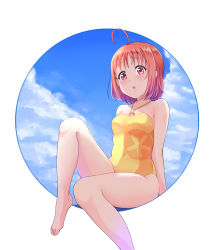 Rule 34 | 10s, 1girl, ahoge, arms at sides, bad id, bare arms, bare legs, barefoot, blue sky, blush, cloud, collarbone, commentary request, covered navel, day, foreshortening, highres, kanabun, knee up, looking at viewer, love live!, love live! sunshine!!, o-ring, o-ring swimsuit, one-piece swimsuit, red eyes, round image, short hair, skin tight, sky, solo, swimsuit, takami chika, tareme, yellow one-piece swimsuit