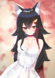 Rule 34 | 1girl, animal ear fluff, animal ears, arms behind back, black hair, blurry, blurry background, breasts, brown eyes, choker, cleavage, dress, eyeshadow, hair ornament, highres, hololive, light smile, long hair, looking at viewer, makeup, medium breasts, multicolored hair, ookami mio, red choker, red eyeshadow, rifufu, sidelocks, solo, strapless, strapless dress, streaked hair, swept bangs, tree, tsurime, two-tone hair, very long hair, virtual youtuber, wedding dress, white dress, wolf ears