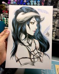 Rule 34 | 1girl, albedo (overlord), art tools in frame, bare shoulders, black hair, breasts, cleavage, collarbone, demon girl, demon horns, detached collar, dress, highres, horns, jewelry, large breasts, long hair, looking to the side, marker (medium), necklace, overlord (maruyama), parted lips, pink lips, profile, signature, slit pupils, stanley lau, traditional media, white dress, yellow eyes