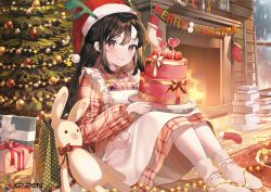 Rule 34 | 1girl, apron, black hair, book, book stack, bow, box, brown hair, brown socks, cake, christmas, christmas stocking, christmas tree, closed mouth, commentary request, dress, fire, fireplace, food, frilled apron, frills, fruit, fur-trimmed headwear, fur trim, gift, gift box, hair between eyes, hat, heart, holding, indoors, kinty, knees up, long sleeves, looking at viewer, multicolored hair, original, plaid, plaid dress, puffy long sleeves, puffy sleeves, red bow, red eyes, red hat, santa hat, sitting, smile, socks, solo, strawberry, stuffed animal, stuffed rabbit, stuffed toy, two-tone hair, white apron
