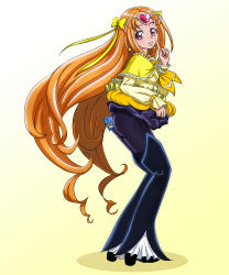 Rule 34 | 10s, 1girl, ass, black bodysuit, bodysuit, bow, brooch, choker, circlet, cure muse, cure muse (black), cure muse (yellow), diskmonkey, dual persona, earrings, eyelashes, full body, gradient background, hair ribbon, heart, jewelry, long hair, magical girl, multiple persona, orange hair, pointing, precure, purple eyes, ribbon, shirabe ako, smile, solo, spoilers, suite precure, tiry, undressing, white background, yellow background, yellow bow