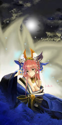 Rule 34 | 1girl, absurdres, animal ear fluff, animal ears, artist request, bare shoulders, bell, blue bow, blue kimono, blue ribbon, bow, breasts, cleavage, fate/extella, fate/extra, fate/extra ccc, fate/grand order, fate (series), fox ears, fox girl, fox shadow puppet, fox tail, highres, japanese clothes, kimono, large breasts, long hair, looking at viewer, multiple tails, official alternate costume, outdoors, pink hair, ribbon, solo, tail, tamamo (fate), tamamo no mae (fate/extra), tamamo no mae (third ascension) (fate), yellow eyes