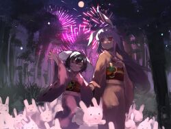 Rule 34 | 2girls, :d, :x, aerial fireworks, alternate costume, animal ears, black hair, black sky, carrot pin, closed eyes, closed mouth, commentary, commeowdore, english commentary, expressionless, feet out of frame, fireworks, flat chest, floppy ears, forest, full moon, highres, holding hands, inaba mob (touhou), inaba tewi, japanese clothes, kimono, long hair, long sleeves, medium bangs, moon, multiple girls, nature, night, night sky, no pupils, obi, open mouth, outdoors, pink kimono, purple hair, rabbit, rabbit ears, rabbit girl, red eyes, red sash, reisen udongein inaba, sash, short hair, sky, smile, star (sky), starry sky, touhou, tree, very long hair, waving, wide sleeves